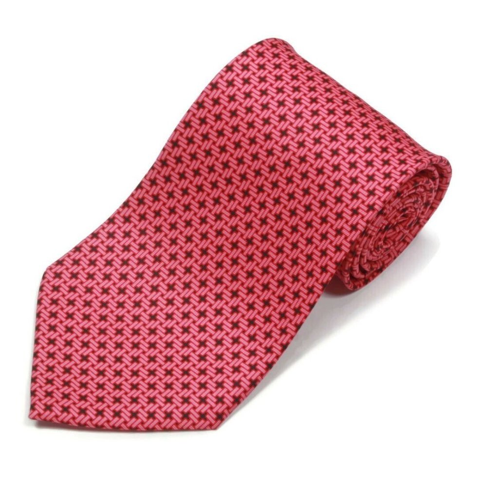 Longchamp Fantastic Pink Black Woven Pattern Silk Neck Tie